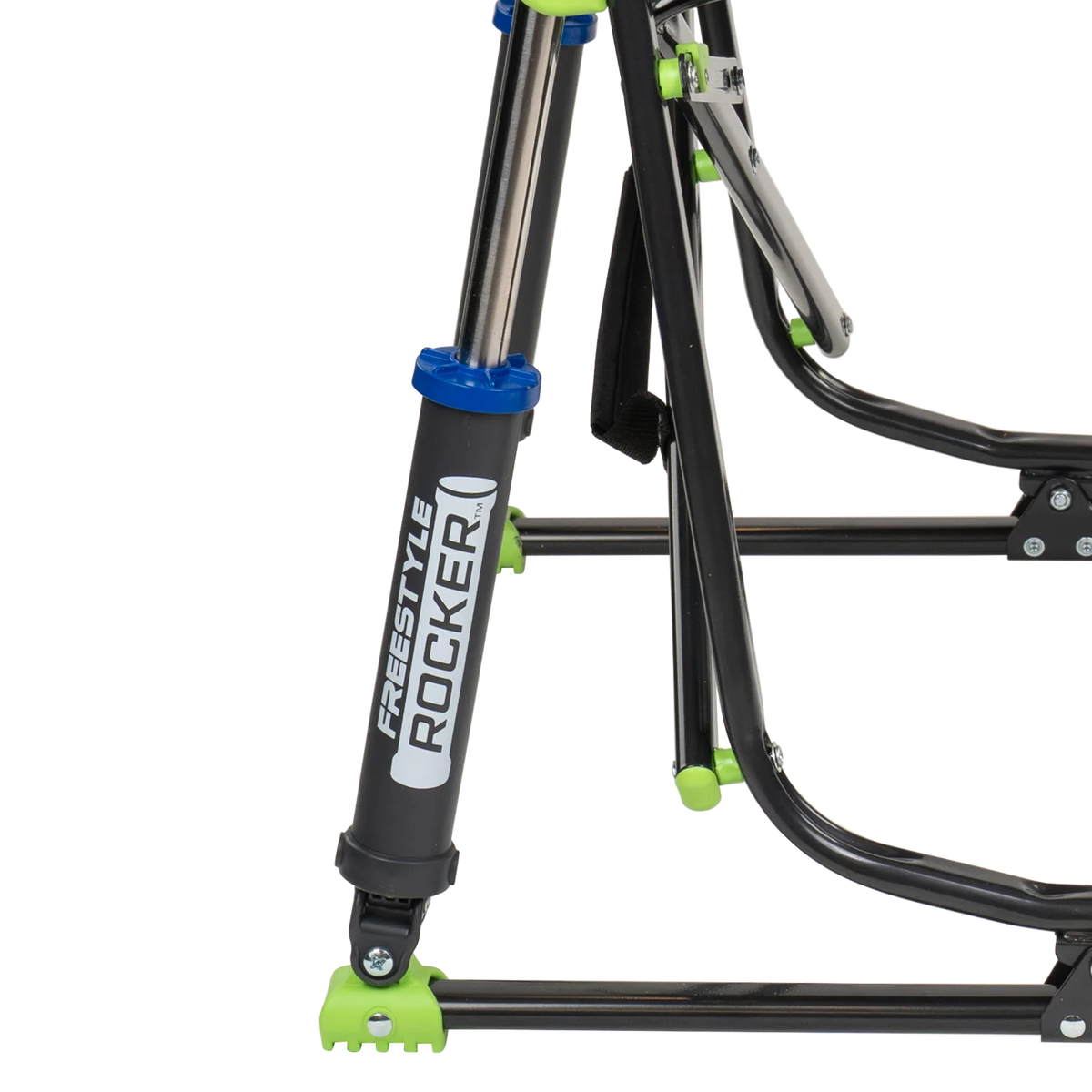 Close-up of the Spring-Action shocks on the blue/green shockwave Freestyle Rocker.
