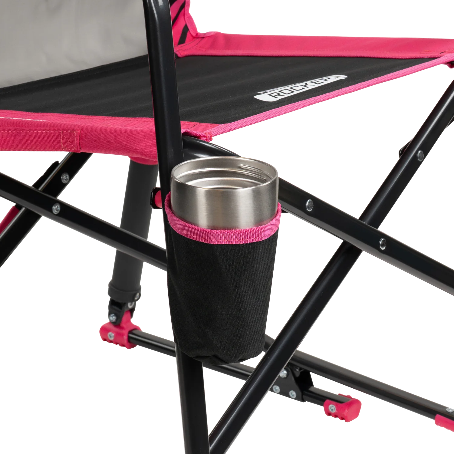 Close-up of the cup holder on the pink shockwave Freestyle Rocker.