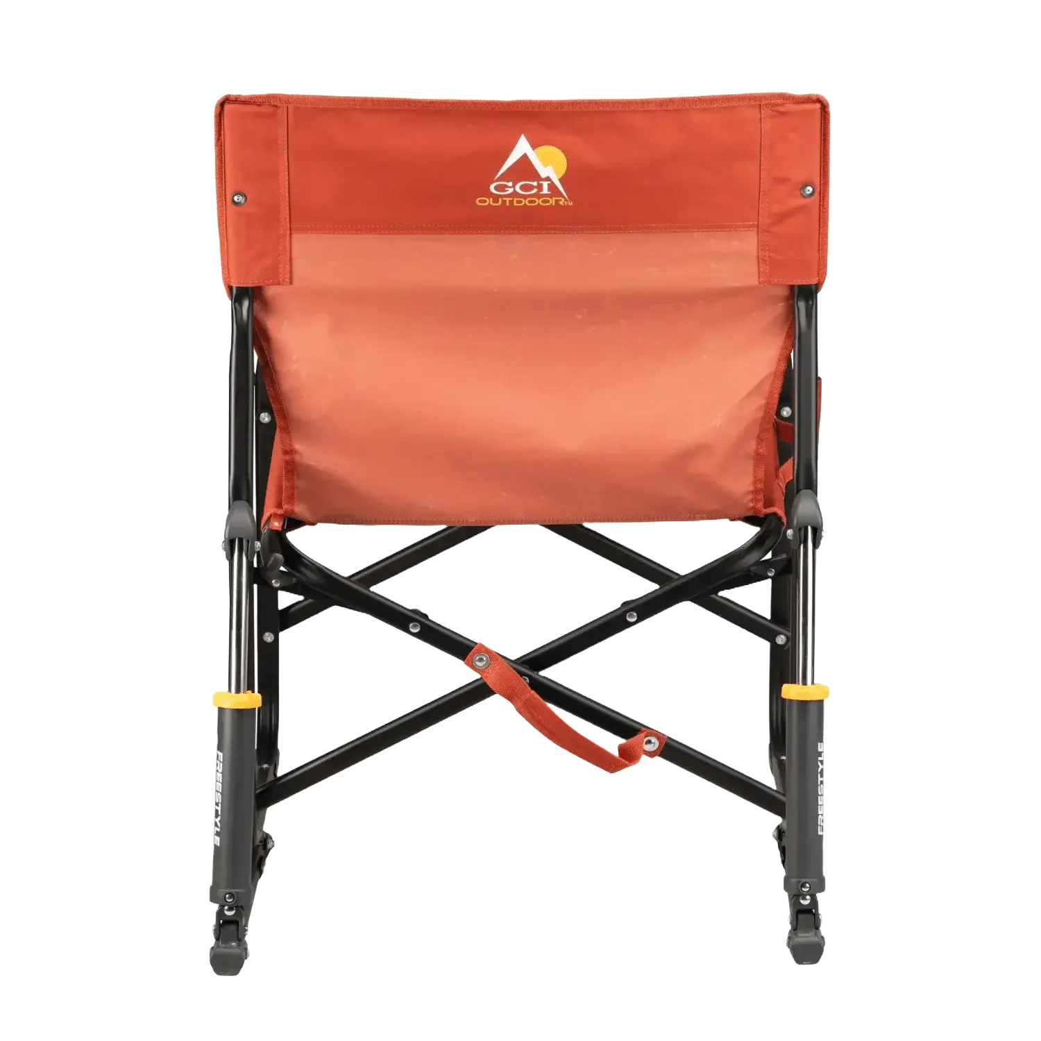 Back angle of freestyle rocker in pumpkin spice color.