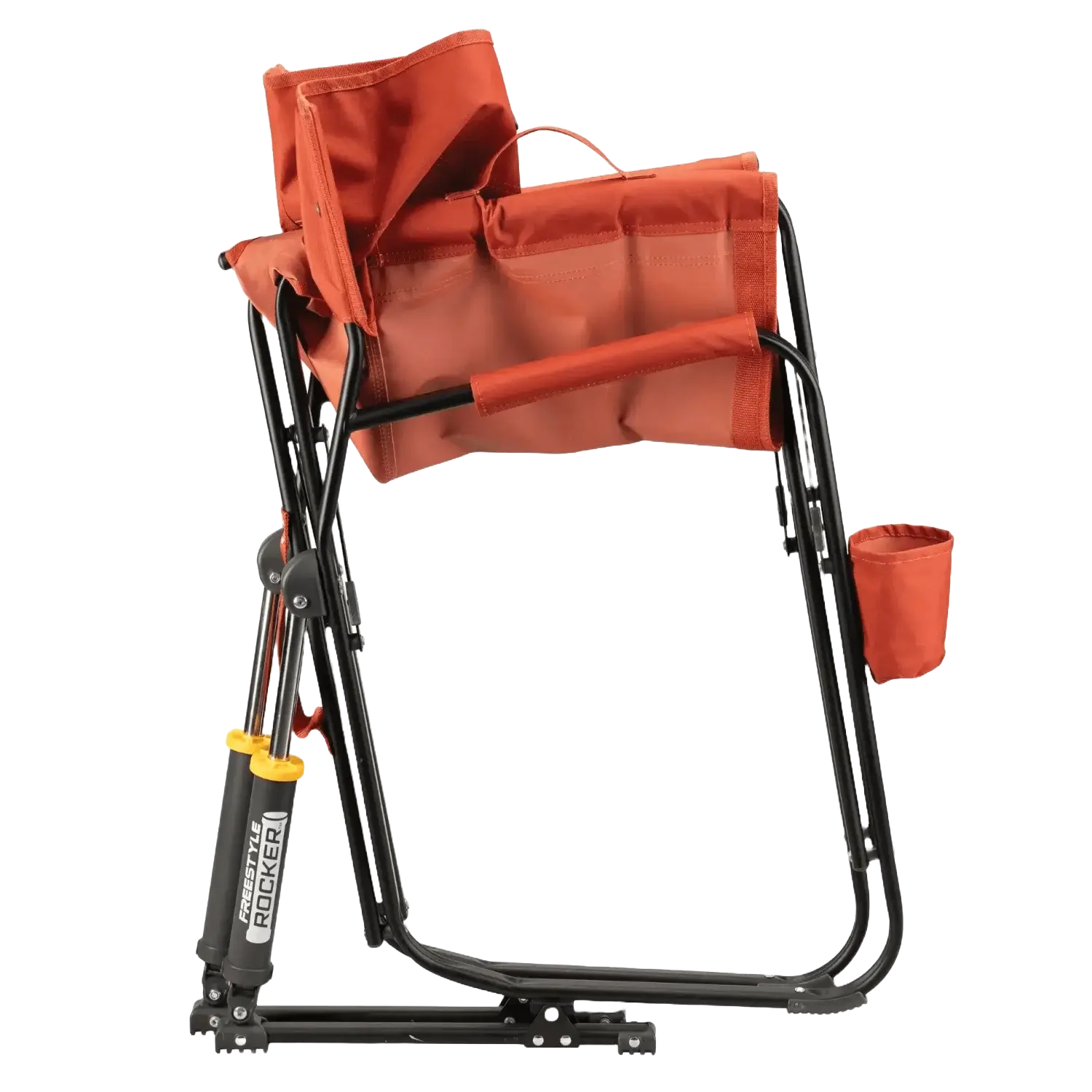 Side angle of a folded freestyle rocker in pumpkin spice color.