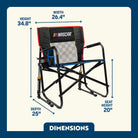 NASCAR Freestyle Rocker XL shown upright with labeled height, width, depth, and seat height; includes cupholder.