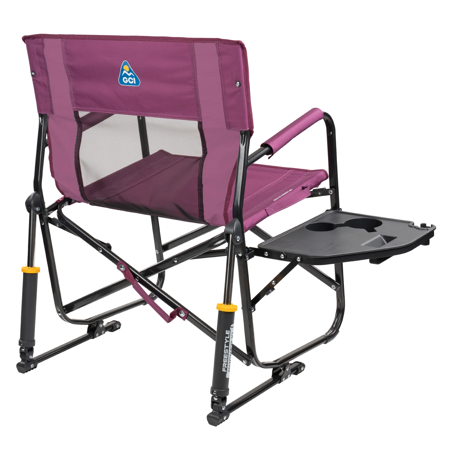Back right view of the berry Freestyle Rocker XL with Side Table with the side table folded out.