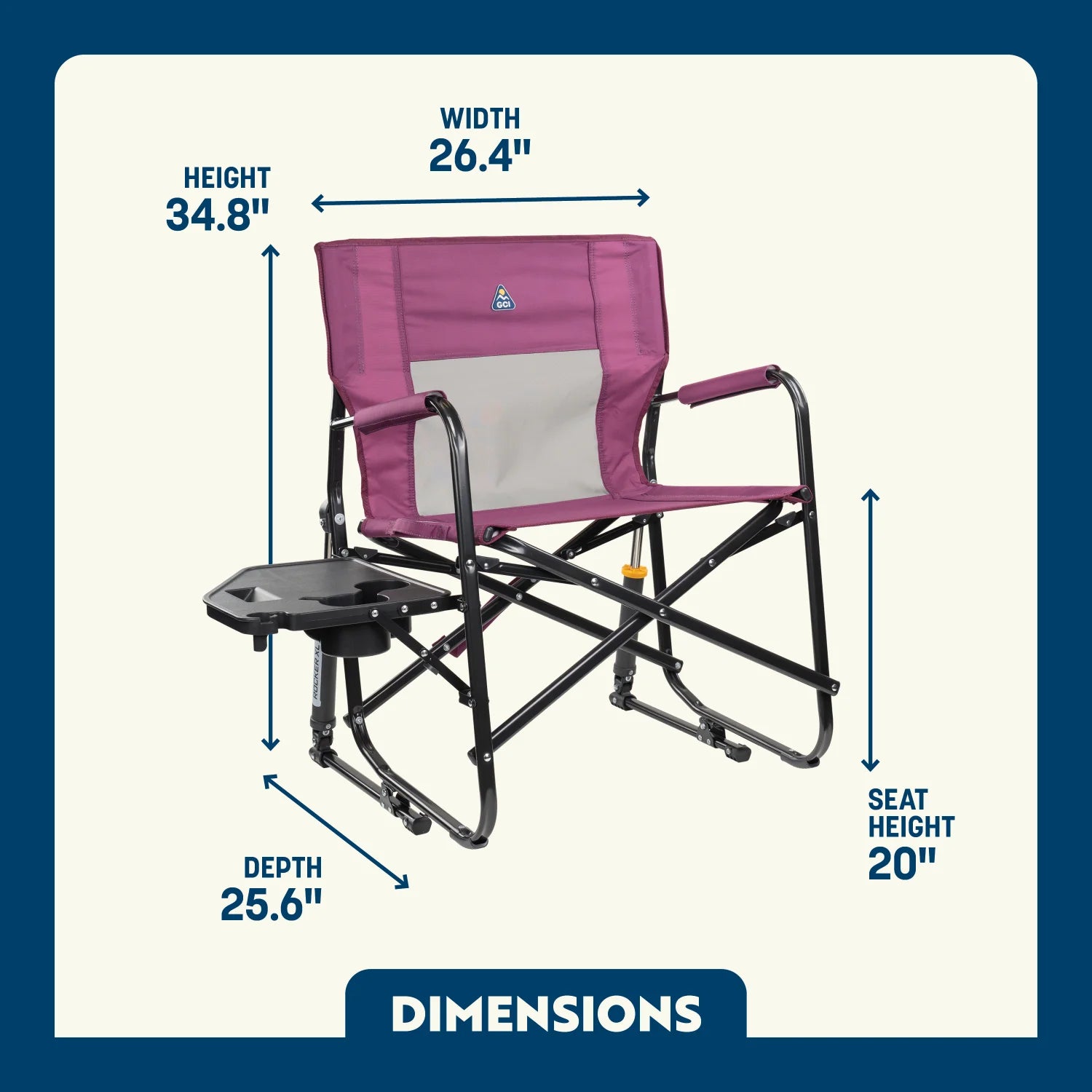 Dimension overview of the Freestyle Rocker XL with Side Table, showing labeled seat height, width, depth, and back height.