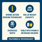Feature callout for the Freestyle Rocker XL with Side Table featuring spring action technology, 400 lb weight capacity, oversized width, and table with phone and beverage holders.