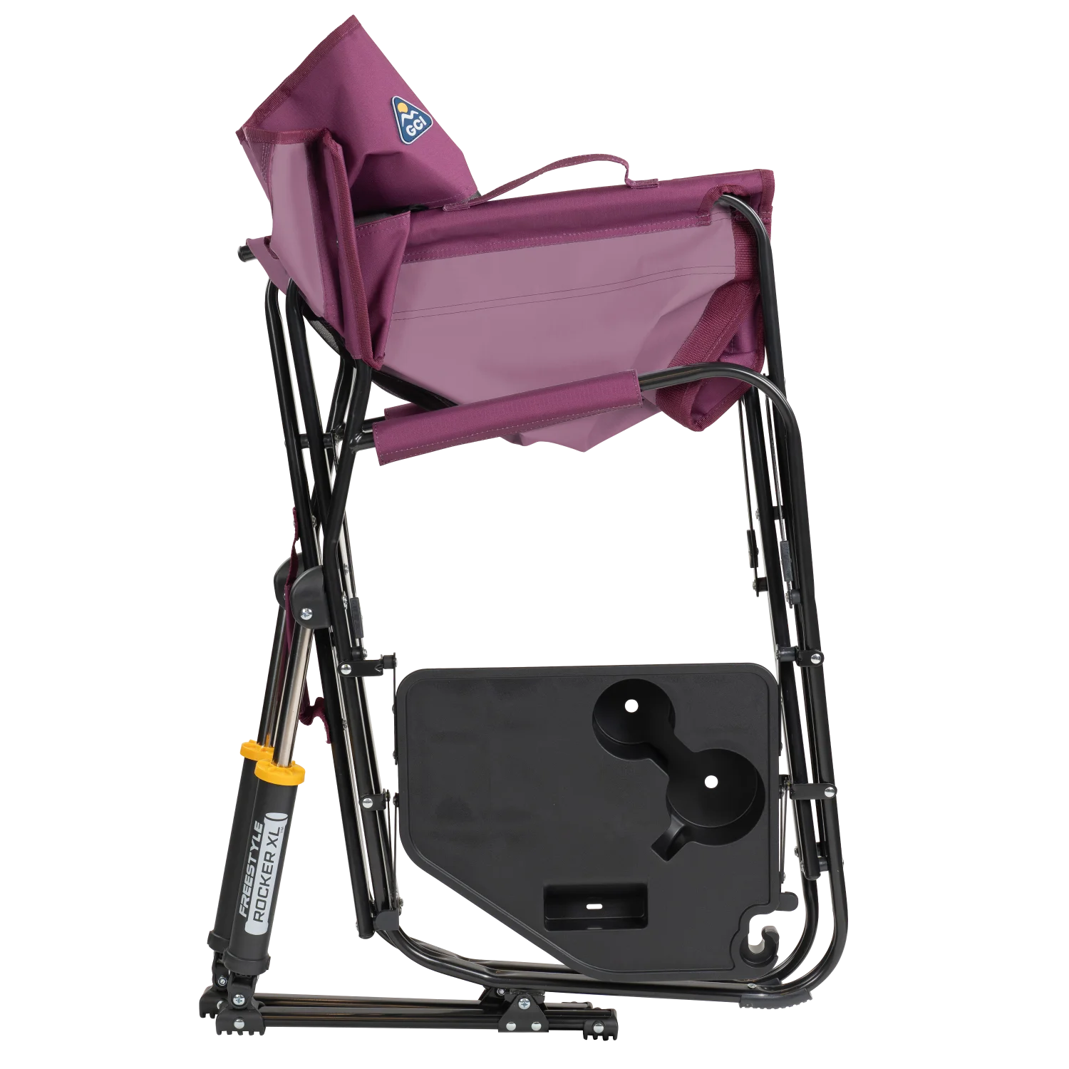 Side view of the folded Freestyle Rocker XL with Side Table in berry.