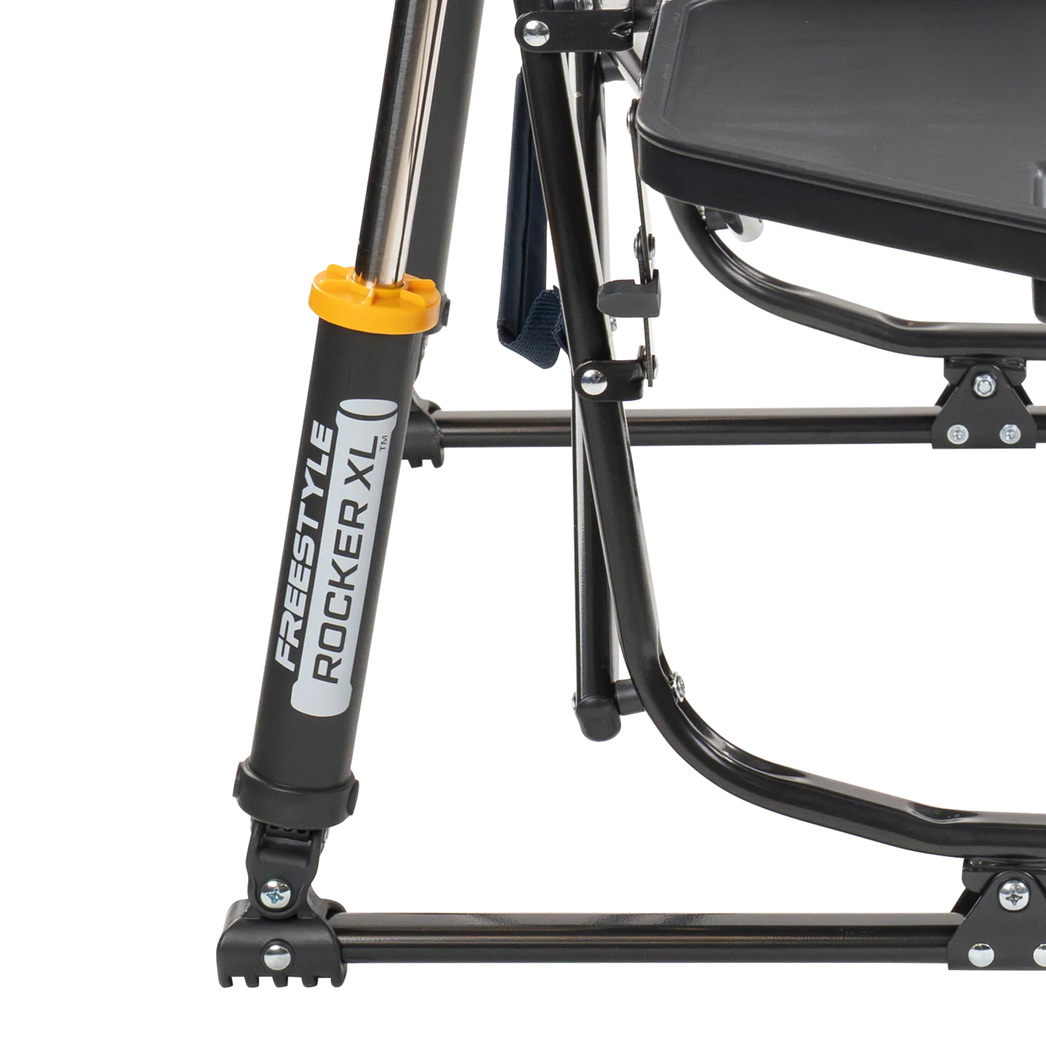 Close-up of the Spring-Action shocks on the indigo Freestyle Rocker XL with Side Table.