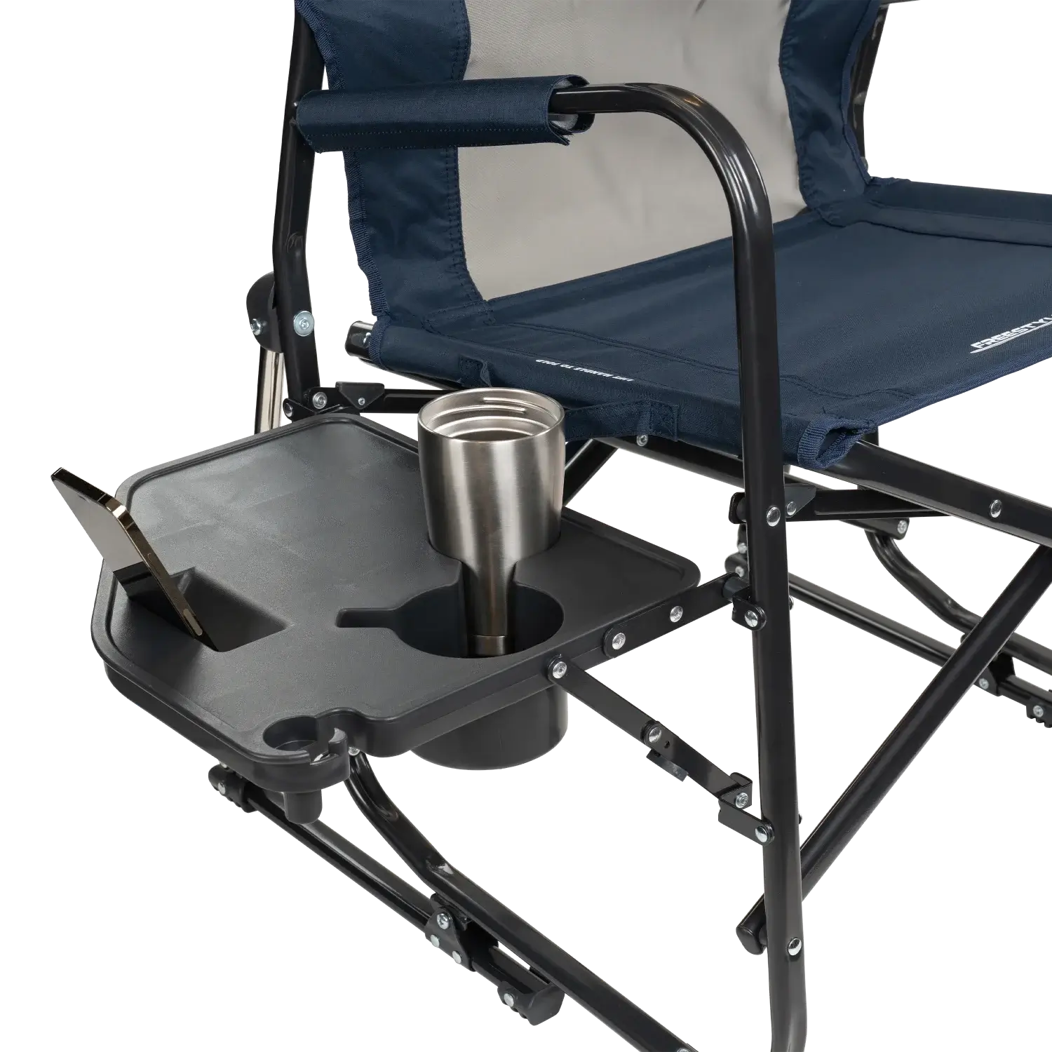 Close up view of the side table on the indigo Freestyle Rocker XL with Side Table.