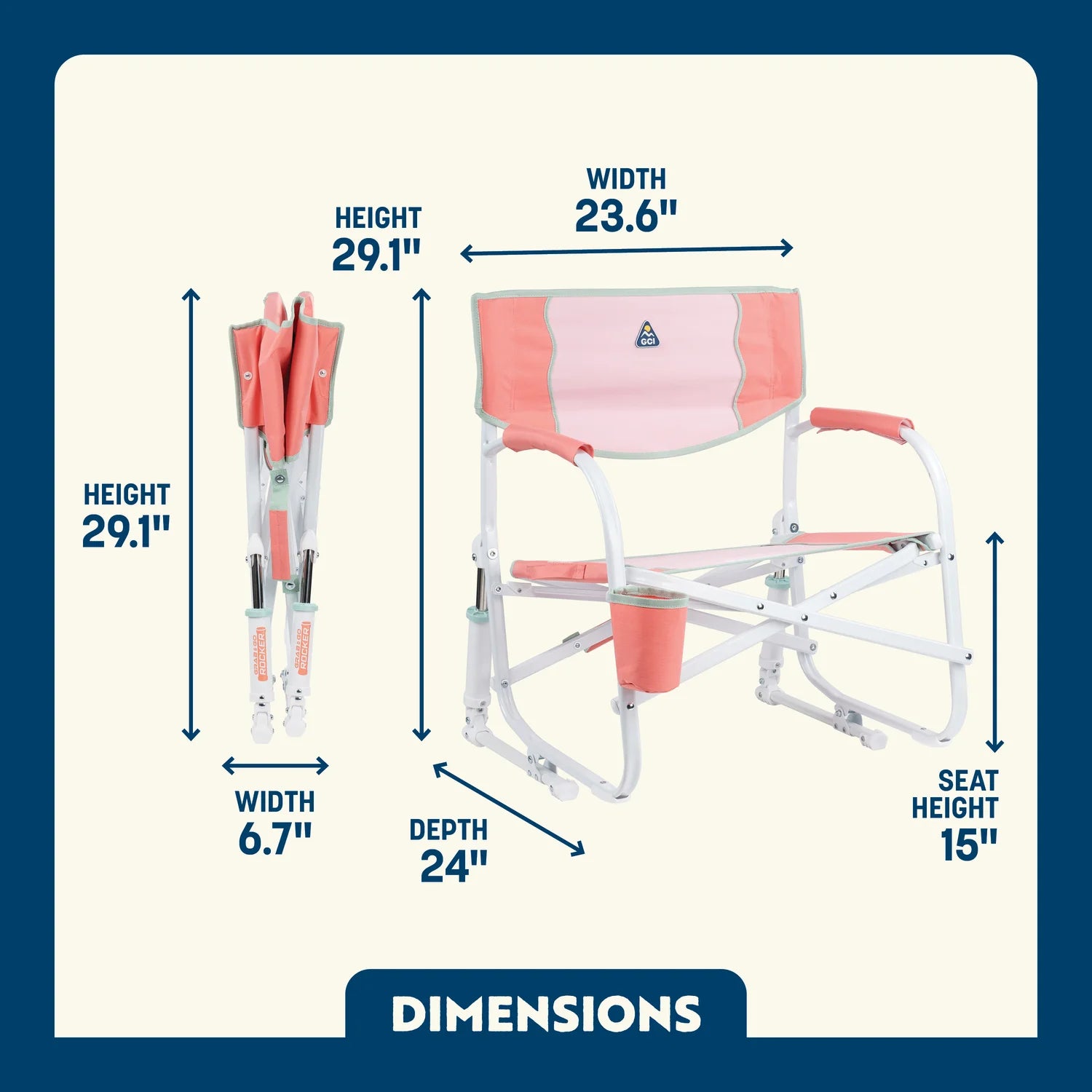 Grab & Go Rocker in Coral shown open and folded, with seat height, width, depth, and total height labeled.