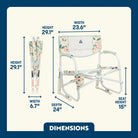 Grab & Go Rocker in Floral Bouquet shown open and folded, with seat height, width, depth, and total height labeled.