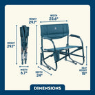 Grab & Go Rocker in Teal shown open and folded, with seat height, width, depth, and total height labeled.