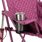 Close up view of the beverage holder on the berry Kickback Insulated Rocker.