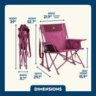 Dimension overview of the Kickback Insulated Rocker open and folded, showing labeled seat height, width, depth, and back height.