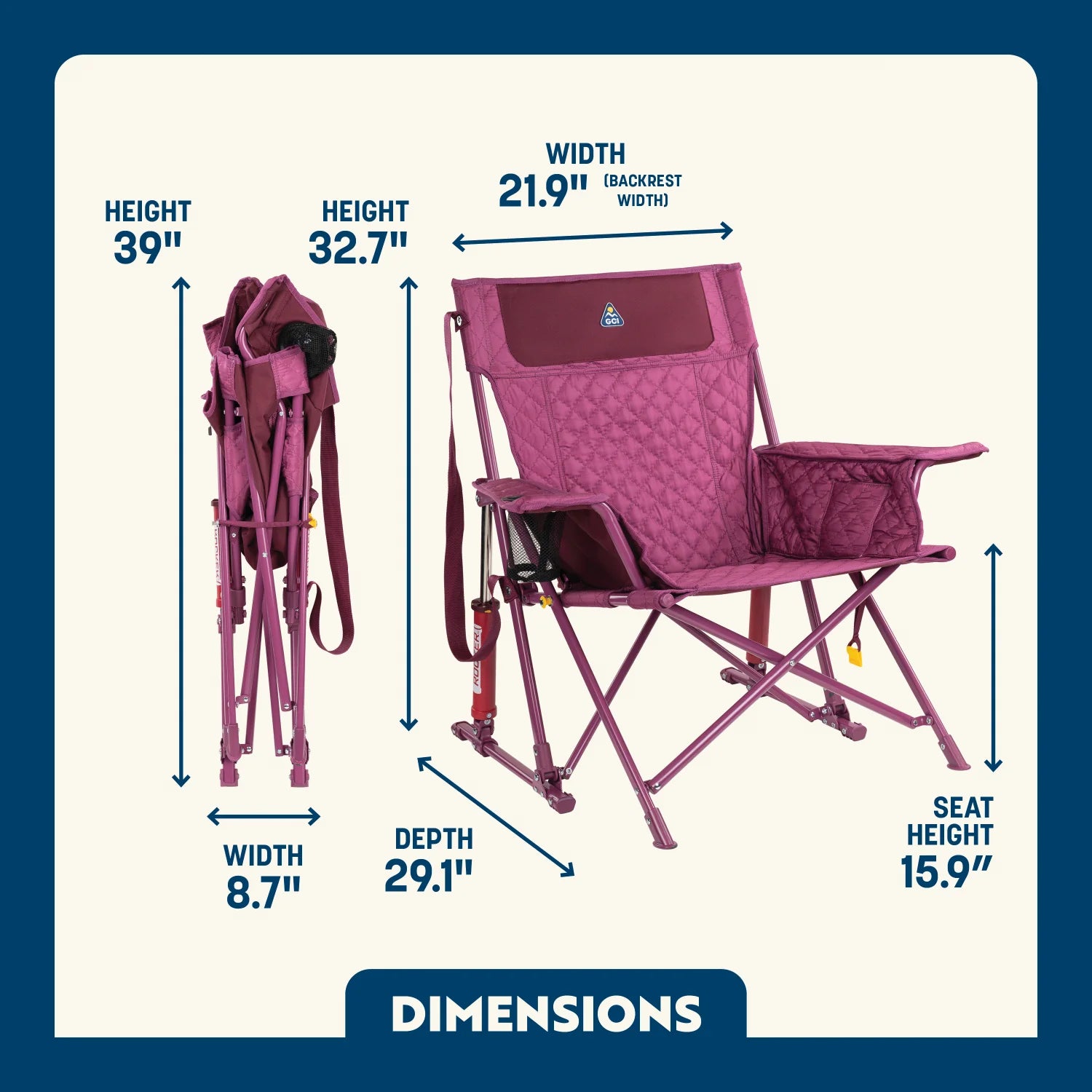 Dimension overview of the Kickback Insulated Rocker open and folded, showing labeled seat height, width, depth, and back height.