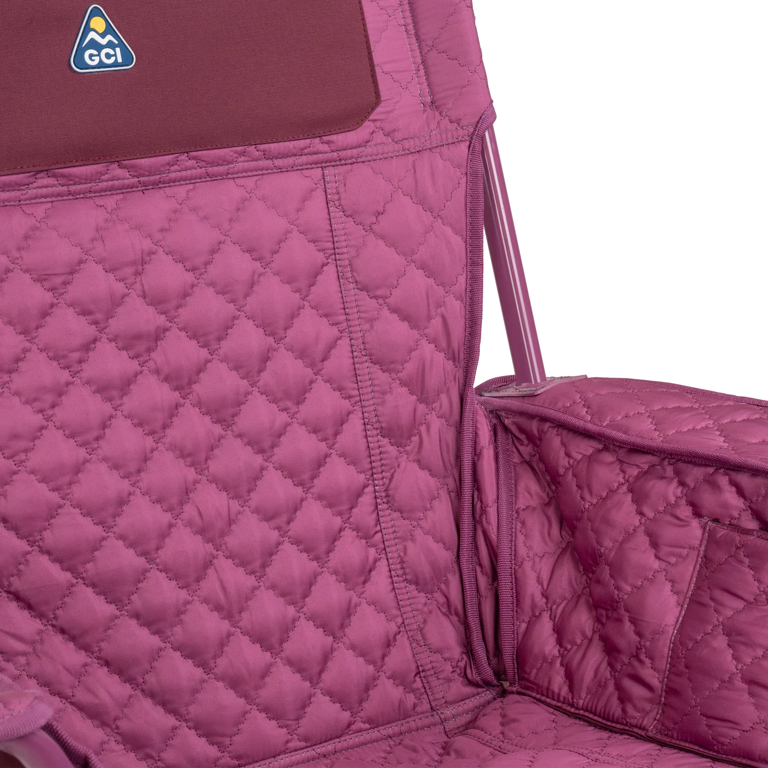 Close up view of the quilted fabric on the berry Kickback Insulated Rocker.