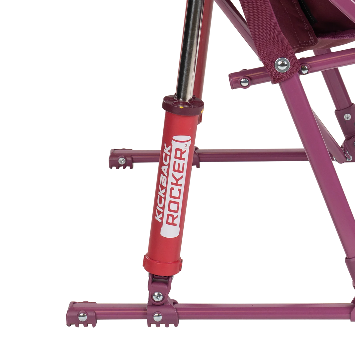 Close up view of the Spring-Action shocks on the berry Kickback Insulated Rocker.