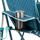 Close up view of the beverage holder on the teal Kickback Insulated Rocker.