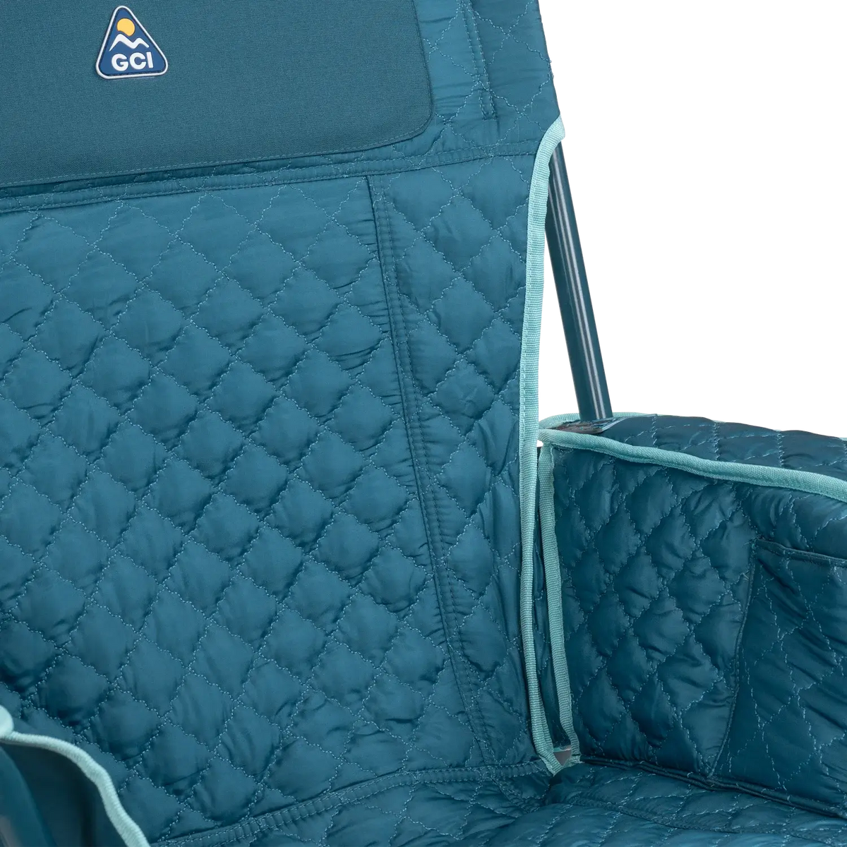 Close up view of the quilted fabric on the teal Kickback Insulated Rocker.