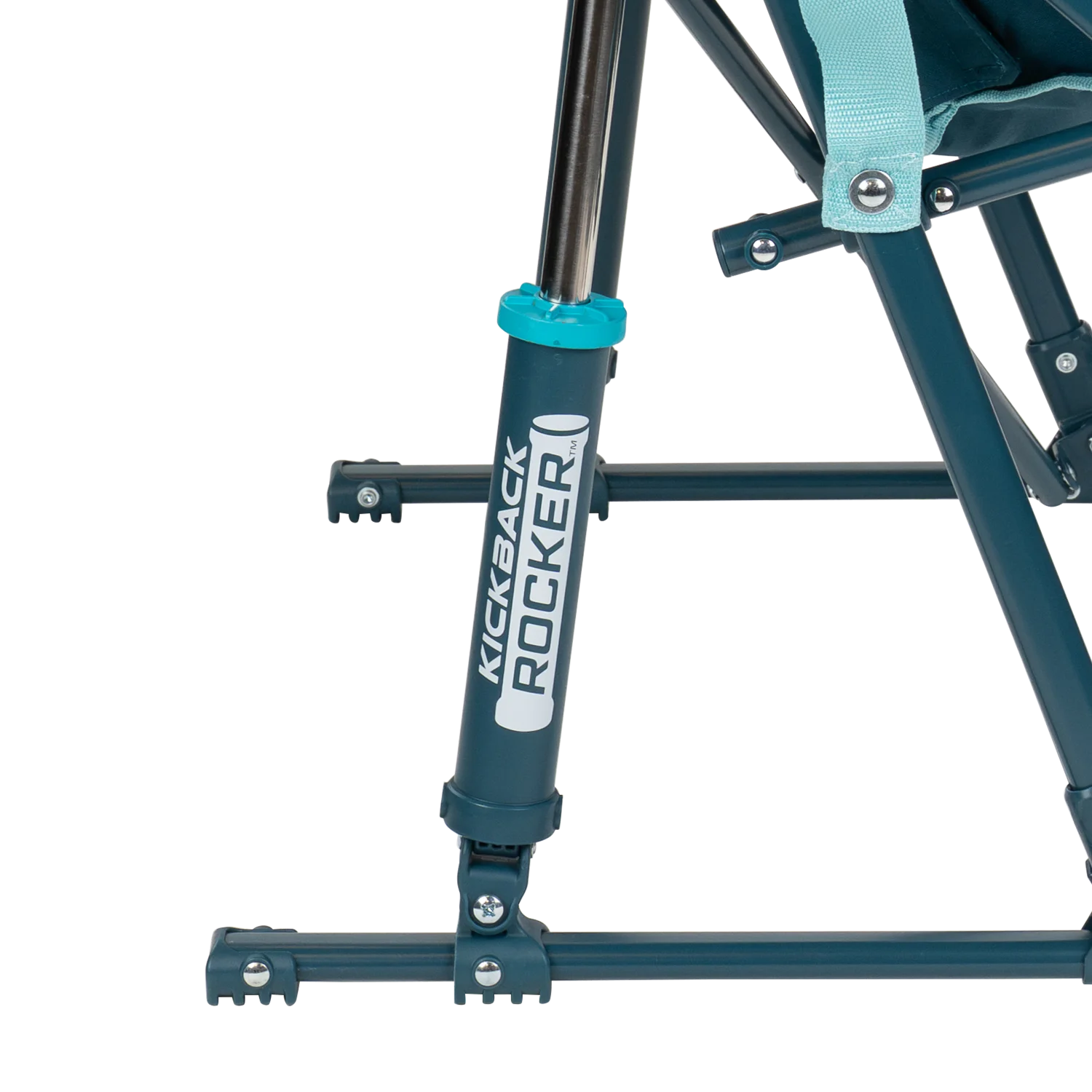 Close up view of the Spring-Action shocks on the teal Kickback Insulated Rocker.