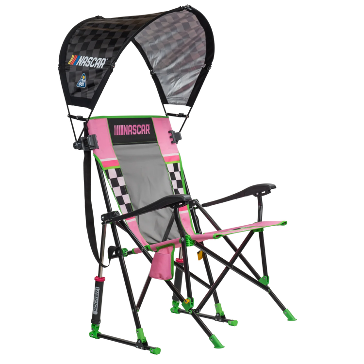 NASCAR For Her Bundle featuring RoadTrip Rocker camping chair with colorful racing stripe design and included SunShade Accessory canopy.
