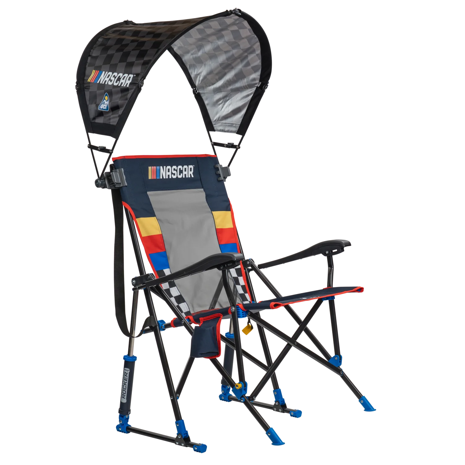 NASCAR For Him Bundle featuring RoadTrip Rocker camping chair with bold racing stripe design and included SunShade Accessory canopy.