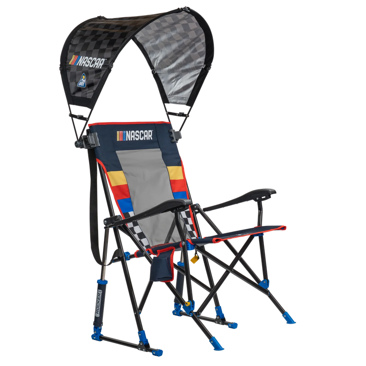 NASCAR For Him Bundle featuring RoadTrip Rocker camping chair with bold racing stripe design and included SunShade Accessory canopy.