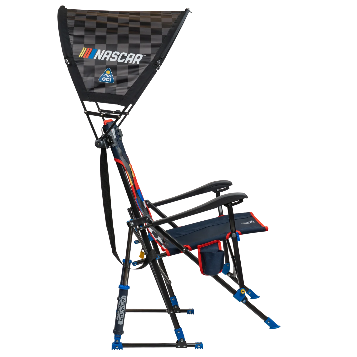Side angle of NASCAR For Him Bundle featuring RoadTrip Rocker camping chair with bold racing stripe design and SunShade Accessory canopy.