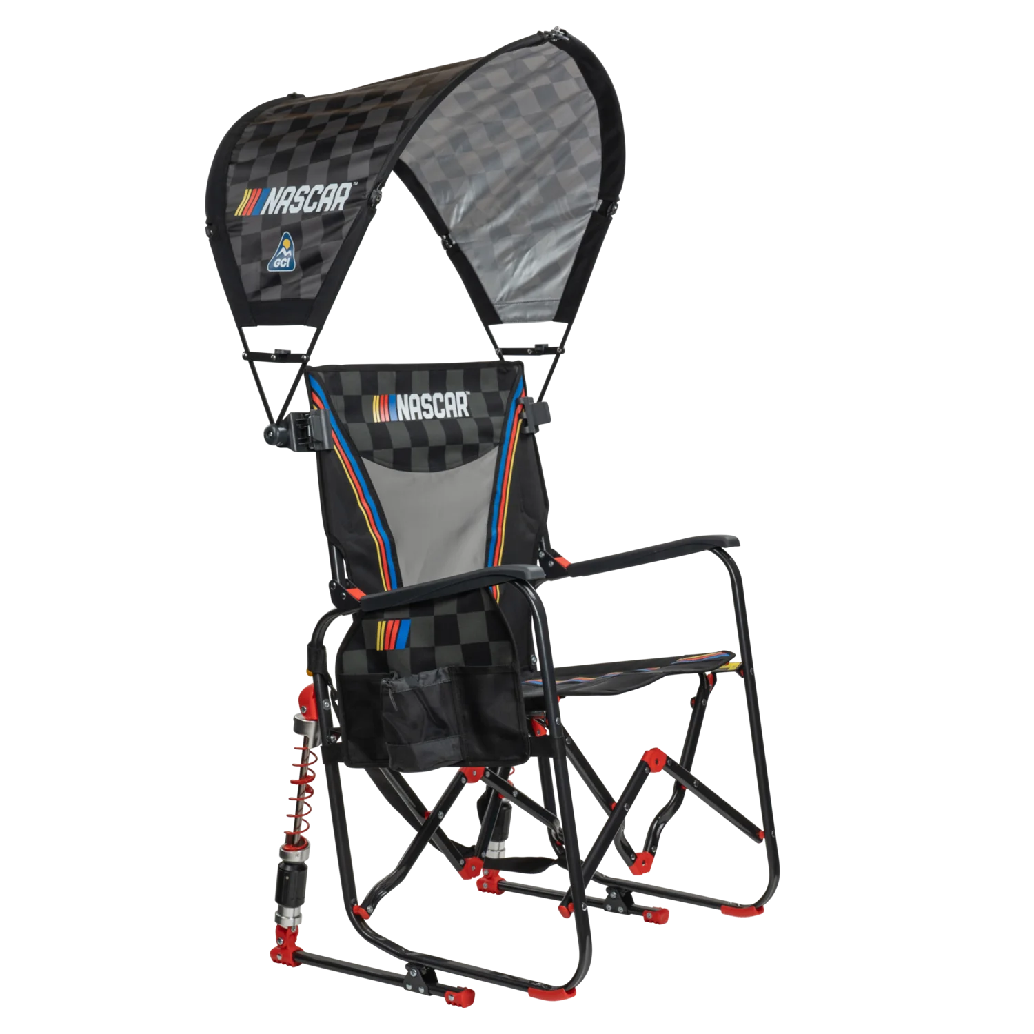 NASCAR Bundle featuring Adjustable Rocker camping chair with black checkered racing design and included SunShade Accessory canopy.