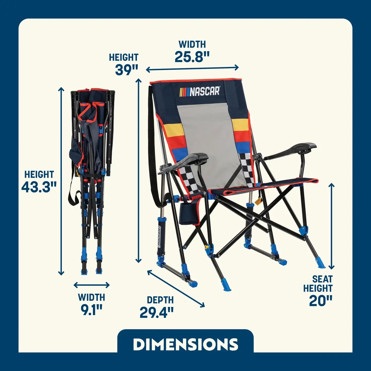 Dimensions overview of the NASCAR for him roadtrip rocker.