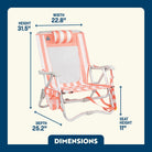 Dimension overview of the SideKick in coral stripes with labeled seat height, width, depth, and overall height.