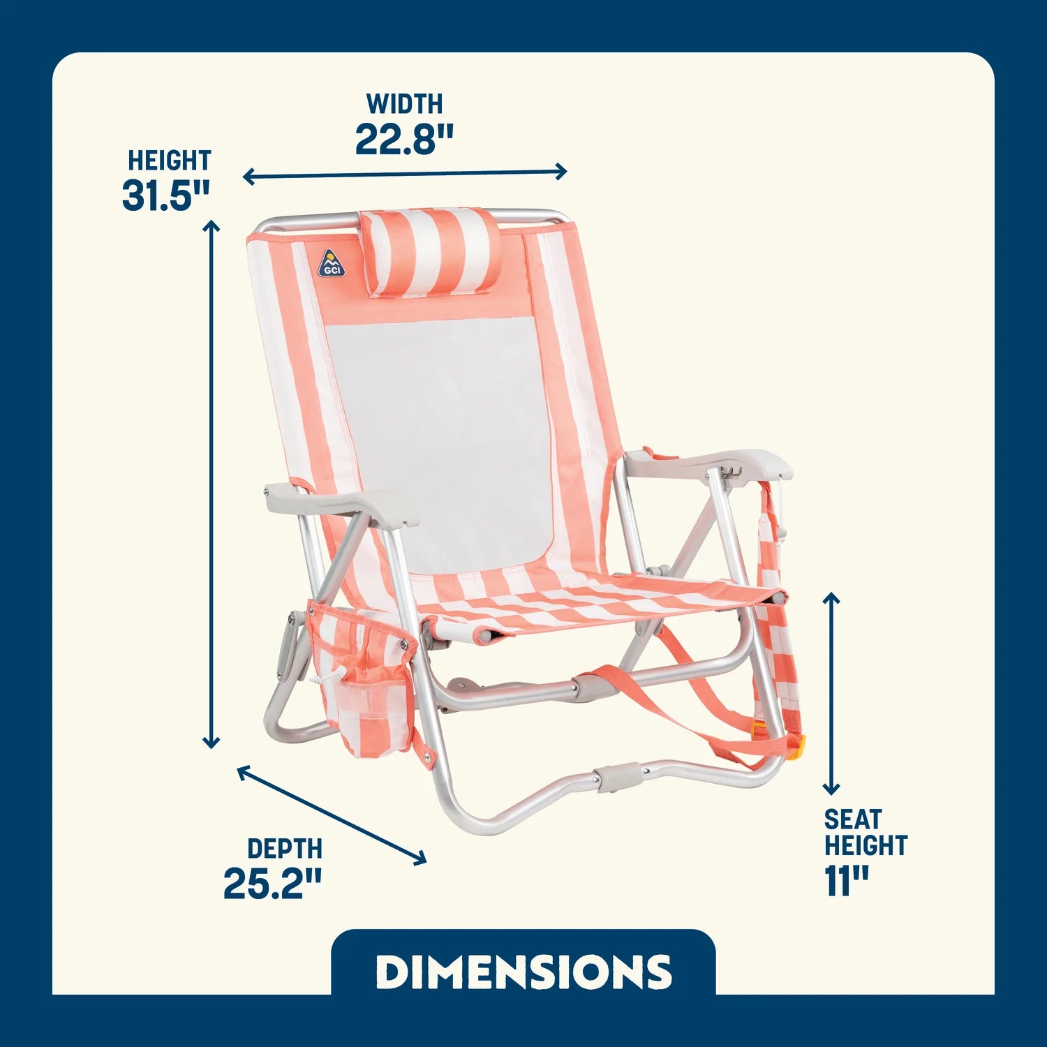 Dimension overview of the SideKick in coral stripes with labeled seat height, width, depth, and overall height.