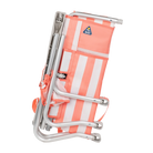 Side angle of the folded SideKick lounger in coral stripes.