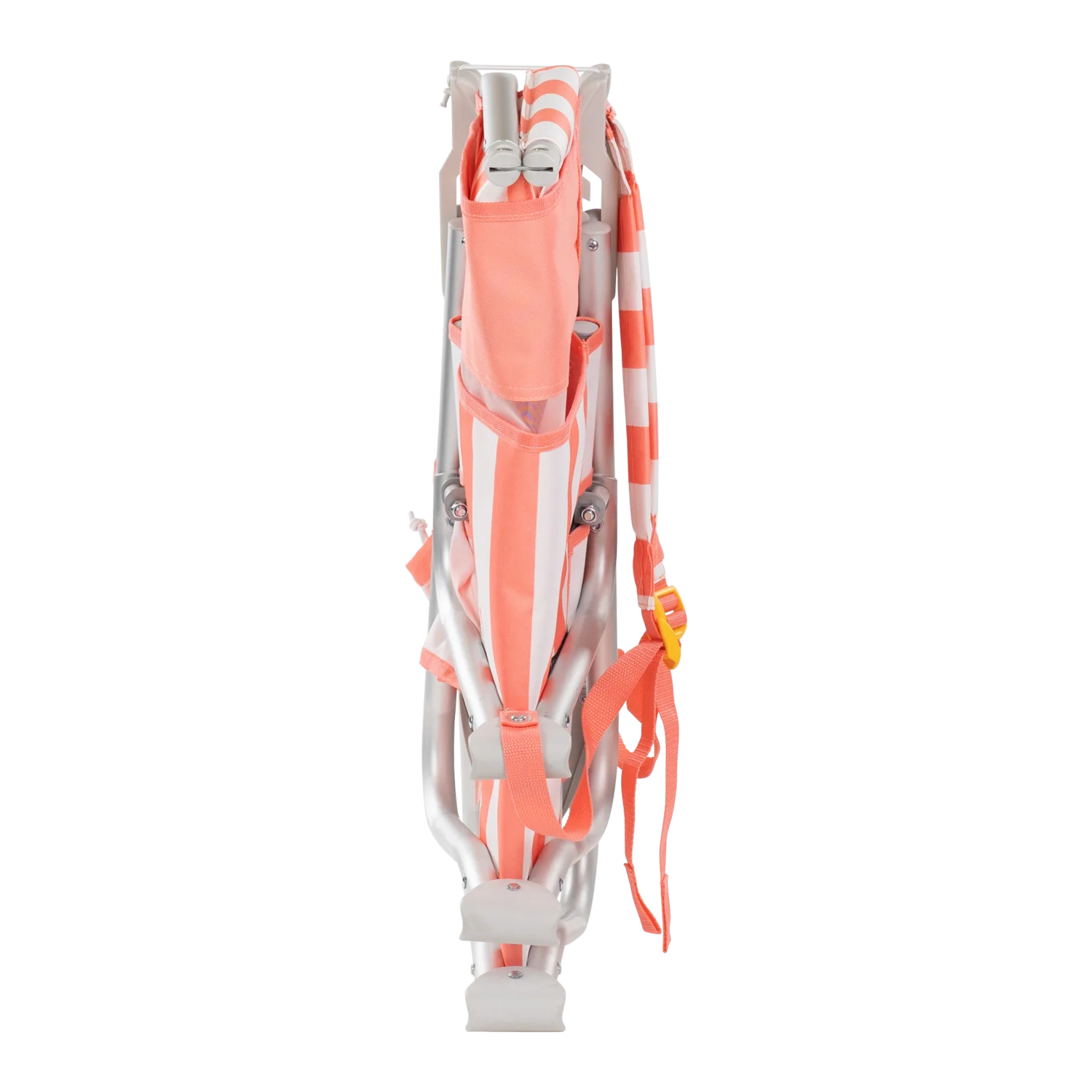 Front view of the folded SideKick lounger in coral stripes.