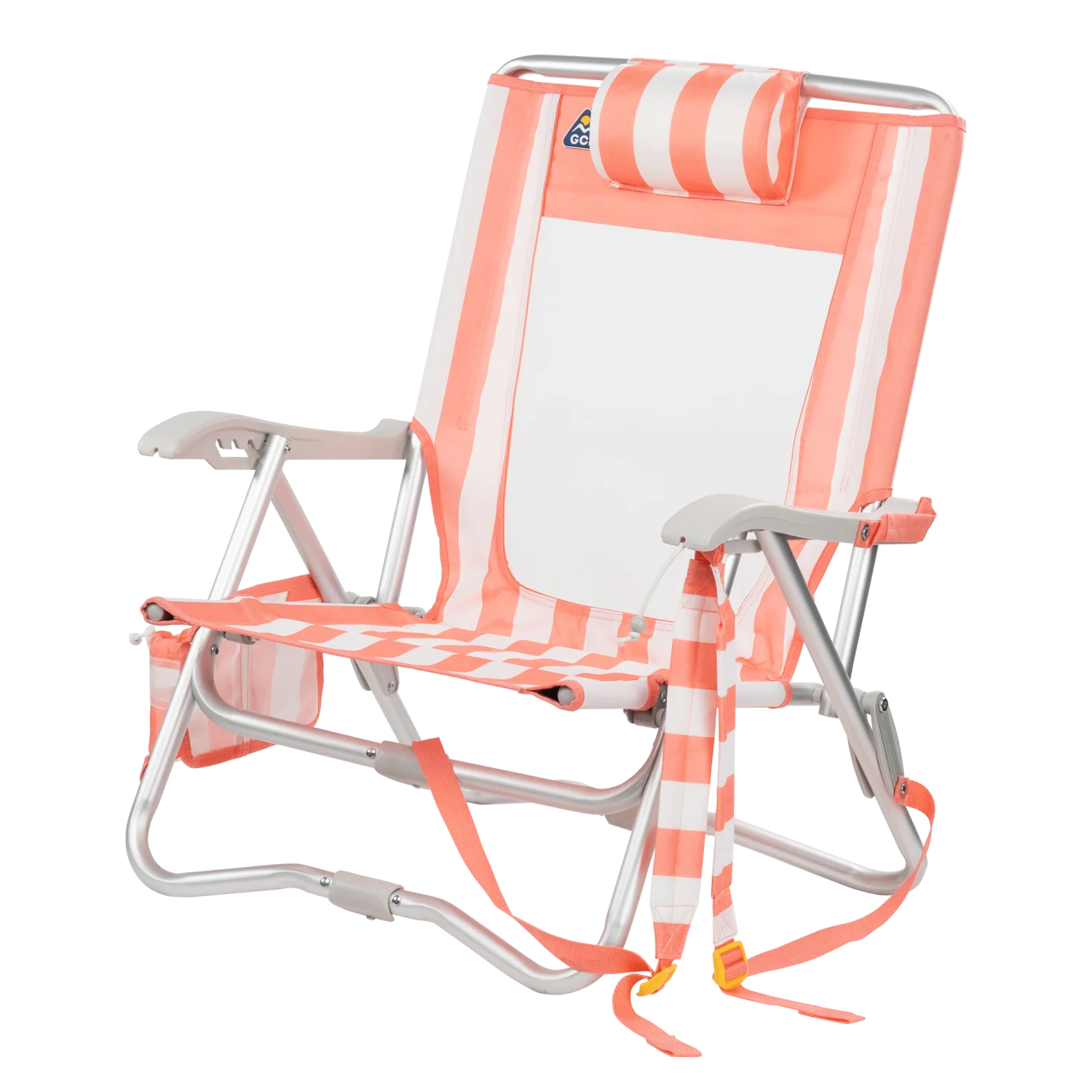 Front left angle of the SideKick lounger in coral stripes.
