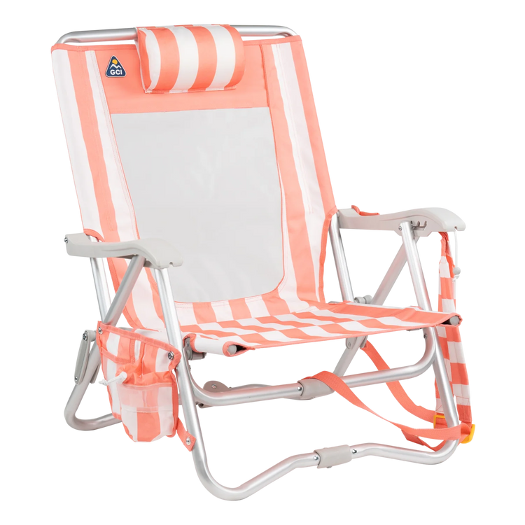 Front right angle of the SideKick lounger in coral stripes.
