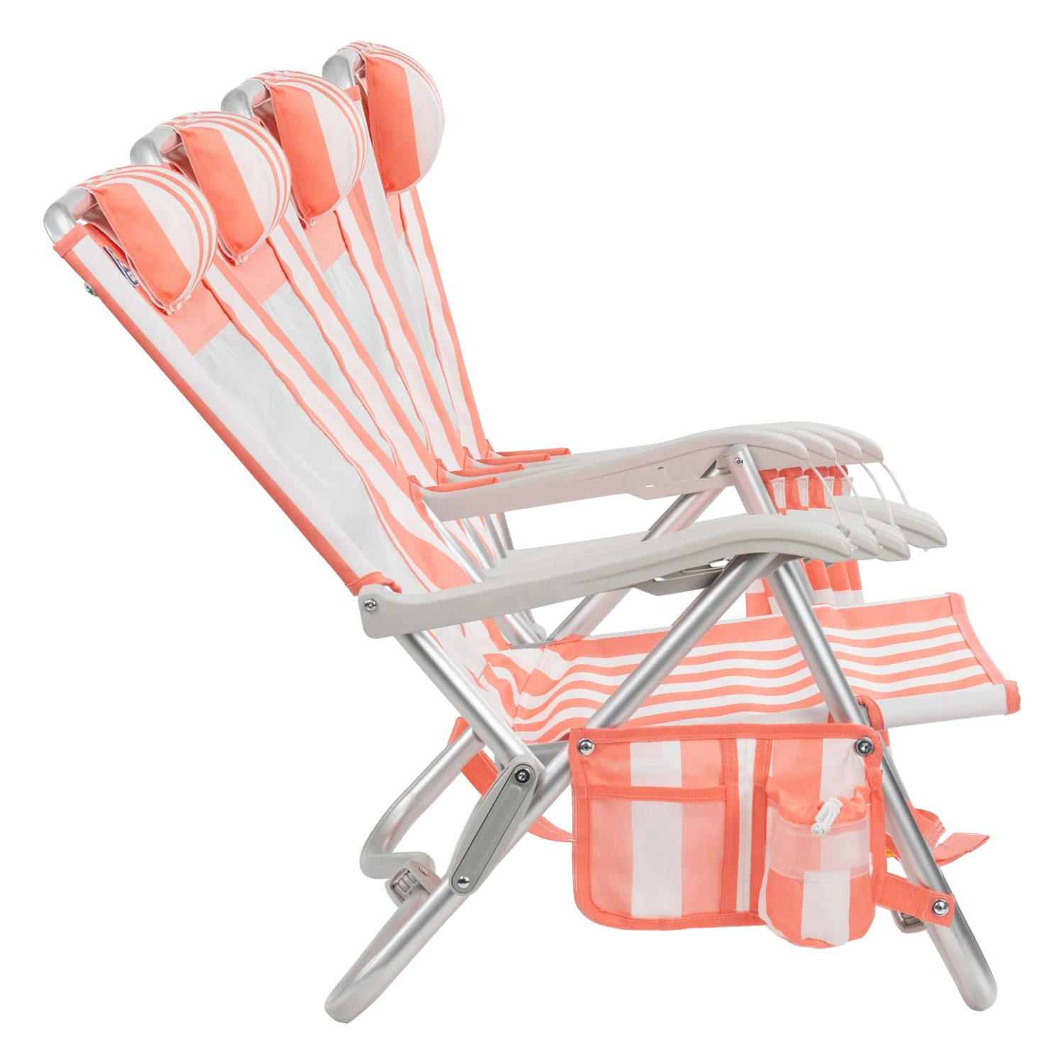 Side view of the recline positions on the SideKick lounger in coral stripes.