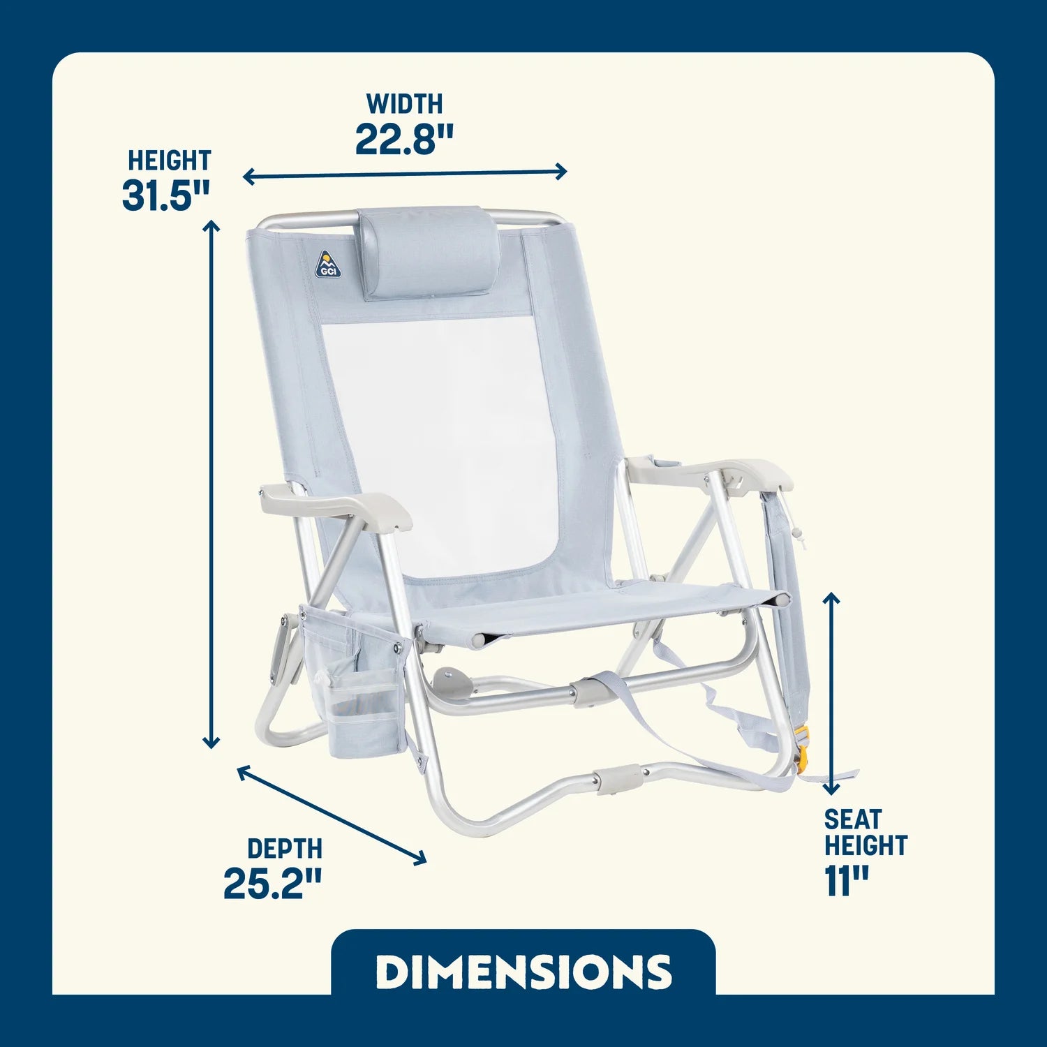 Dimension overview of the SideKick in heathered light blue with labeled seat height, width, depth, and overall height.