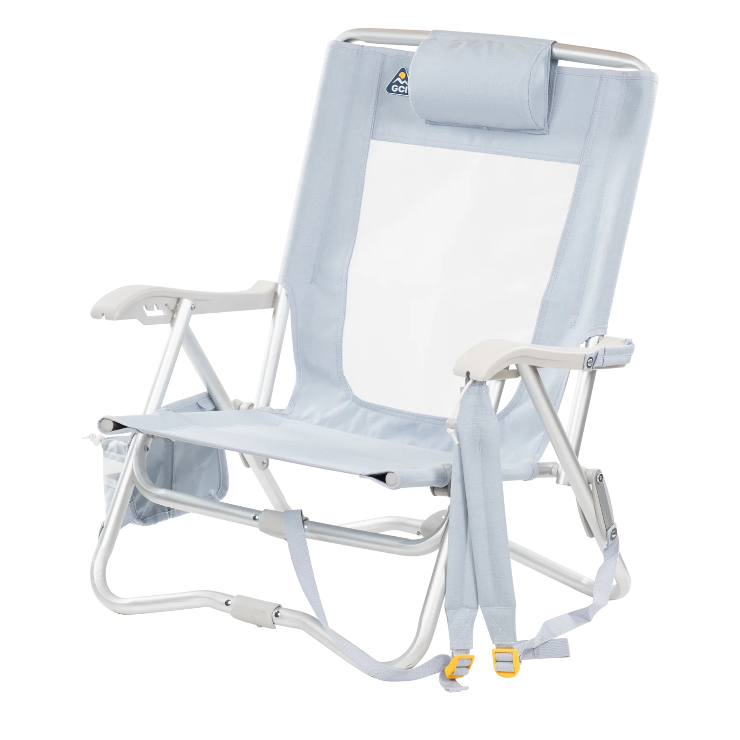 Front left angle of the SideKick lounger in heathered light blue.
