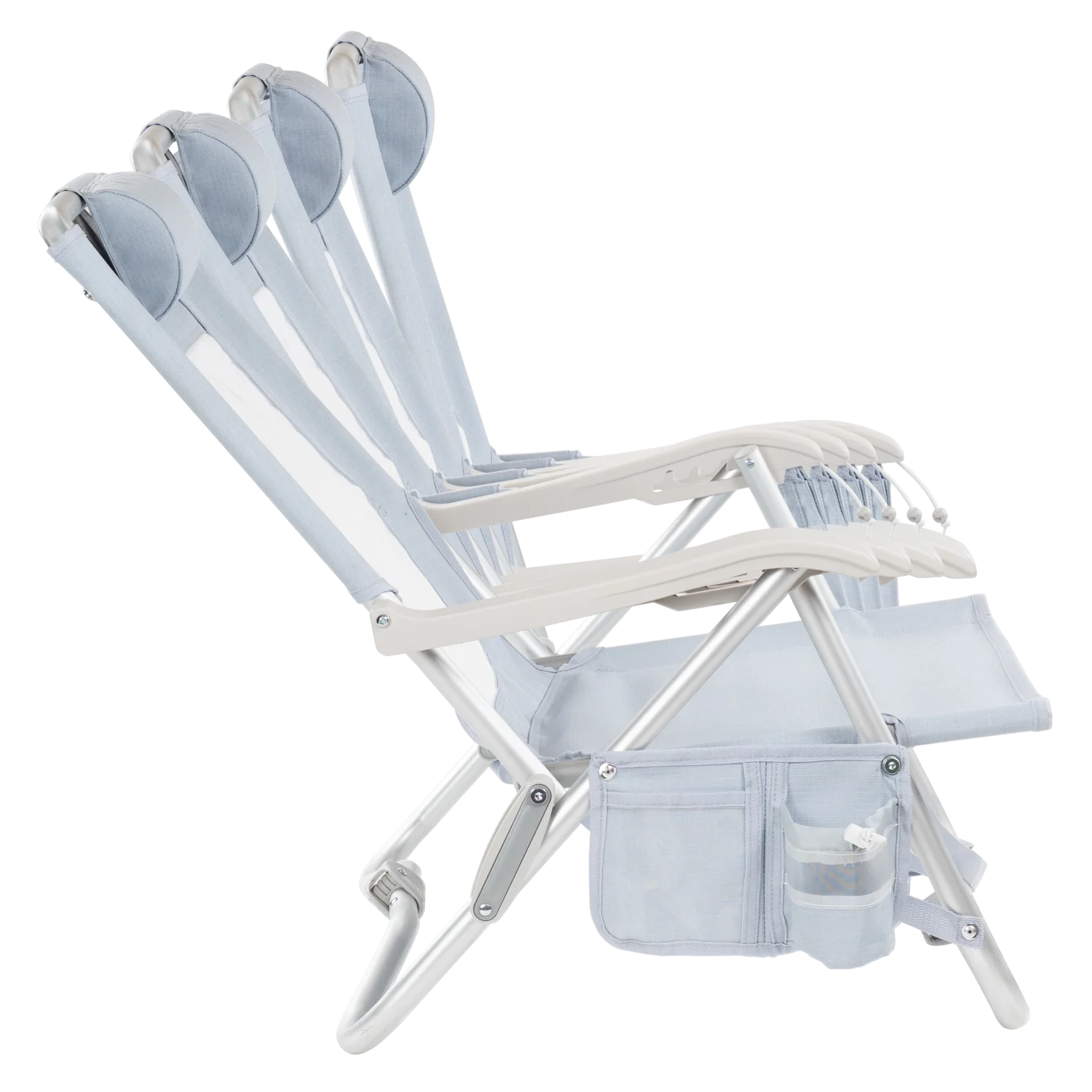 Side view of the recline positions on the SideKick lounger in heathered light blue.