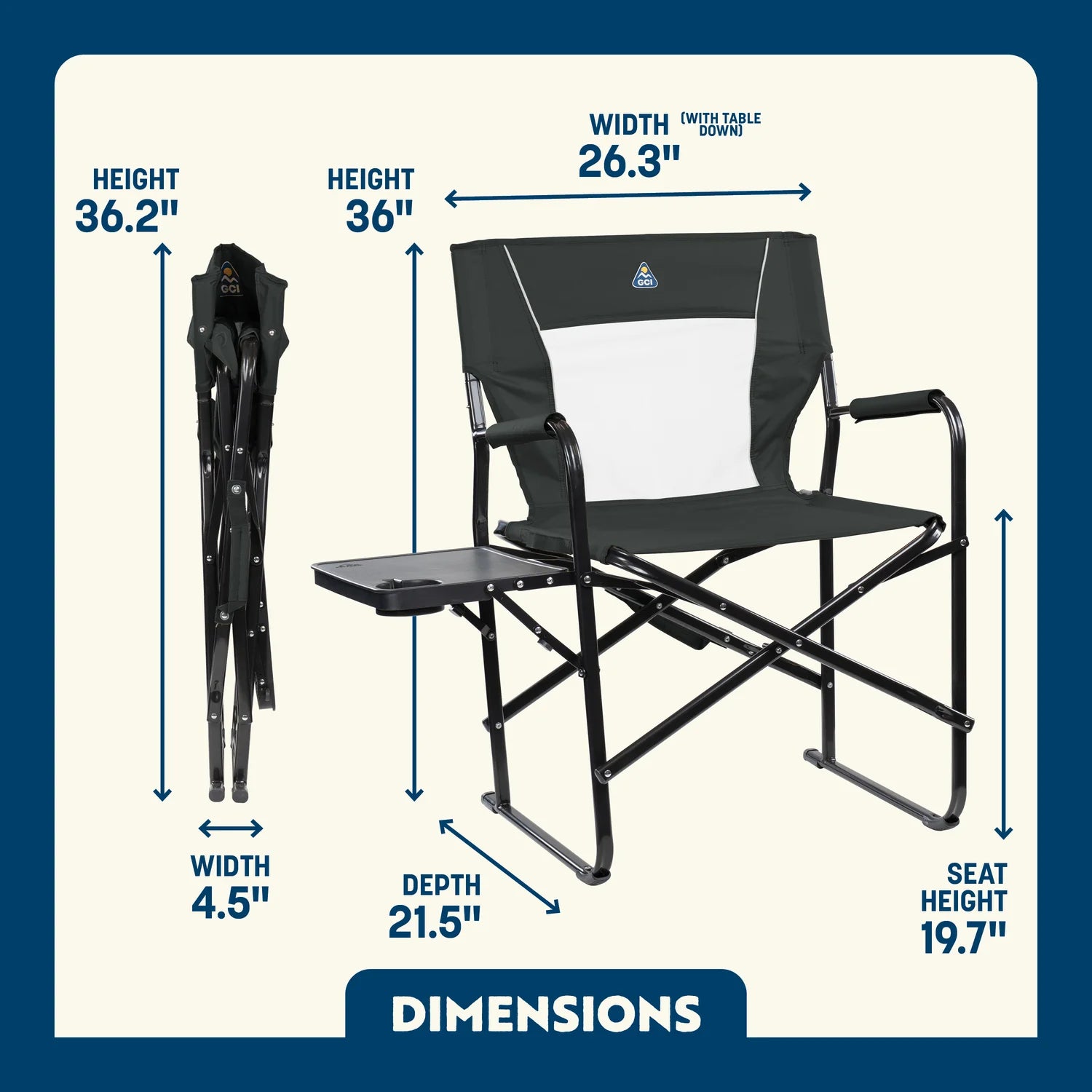 Dark Charcoal Slim-Fold Director's Chair with Side Table shown open and folded, with seat height, width, depth, and total height labeled.
