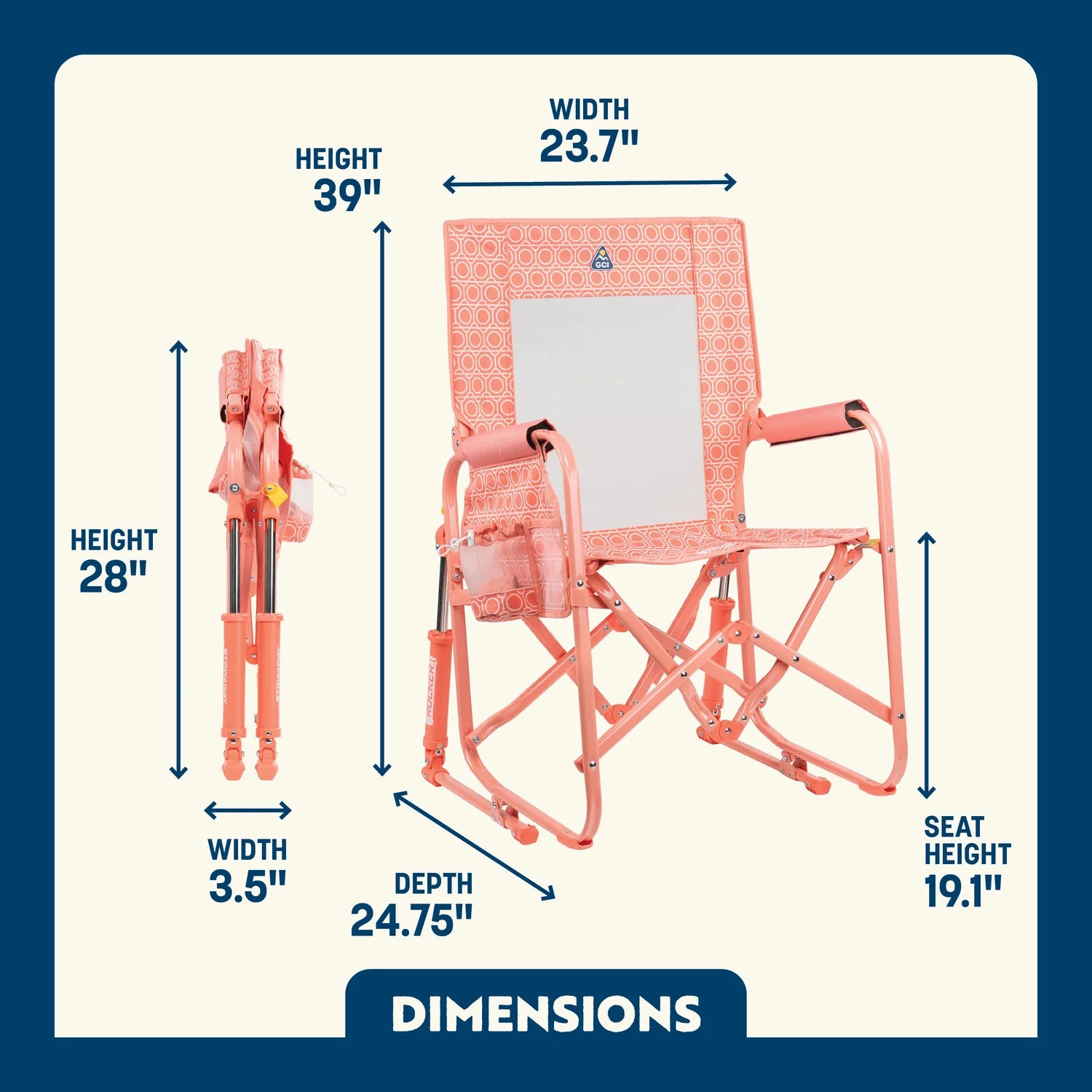 Dimensions of the coral mosaic stowaway rocker chair.