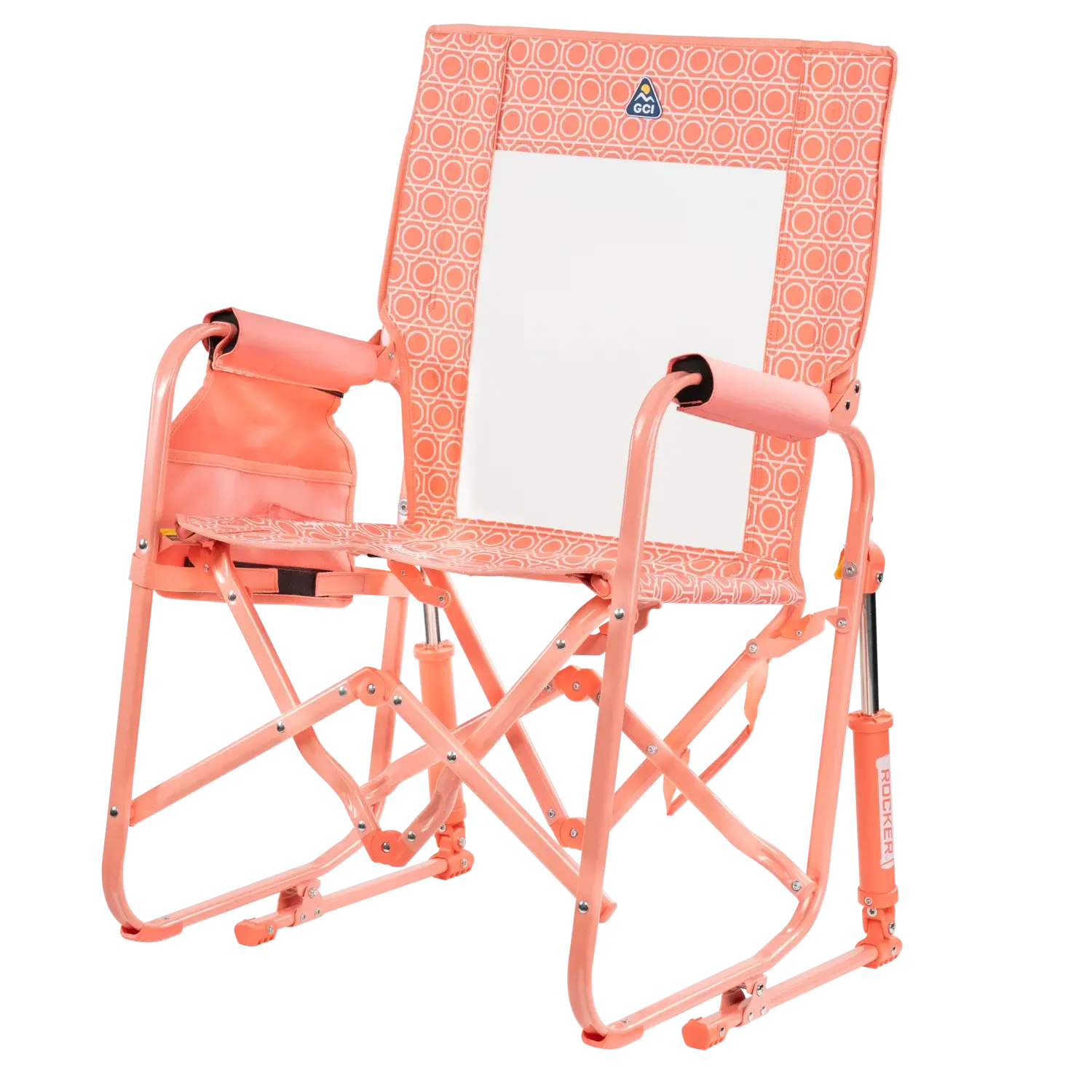 The front left side angle of the Coral Mosaic Stowaway Rocker.