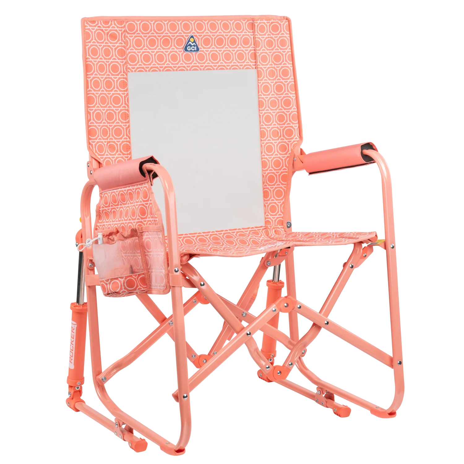 The front right side angle of the Coral Mosaic Stowaway Rocker.