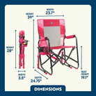 Dimension overview of the Stowaway Rocker open and folded, showing labeled seat height, width, depth, and back height.