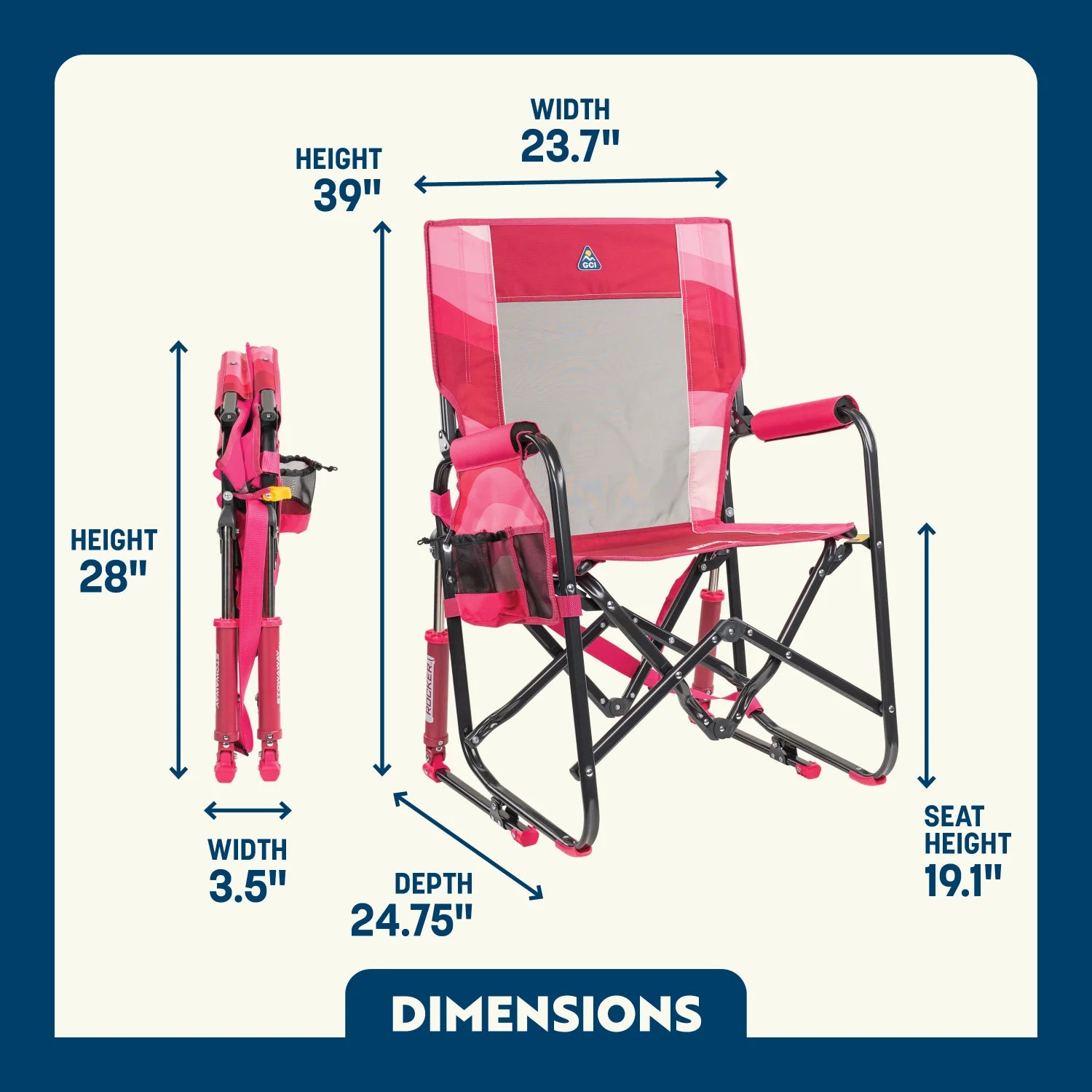 Dimension overview of the Stowaway Rocker open and folded, showing labeled seat height, width, depth, and back height.