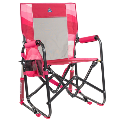Front right view of the pink flame waves Stowaway Rocker.