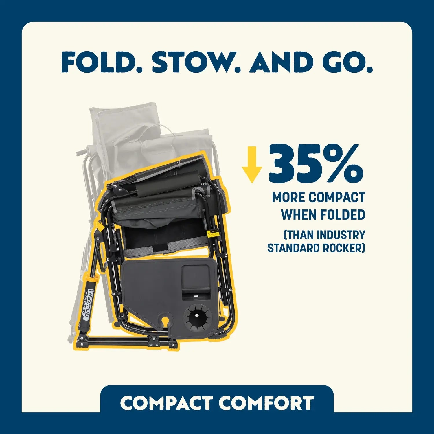 Compact comfort feature showing the compact ability of the black stowaway rocker with side table.