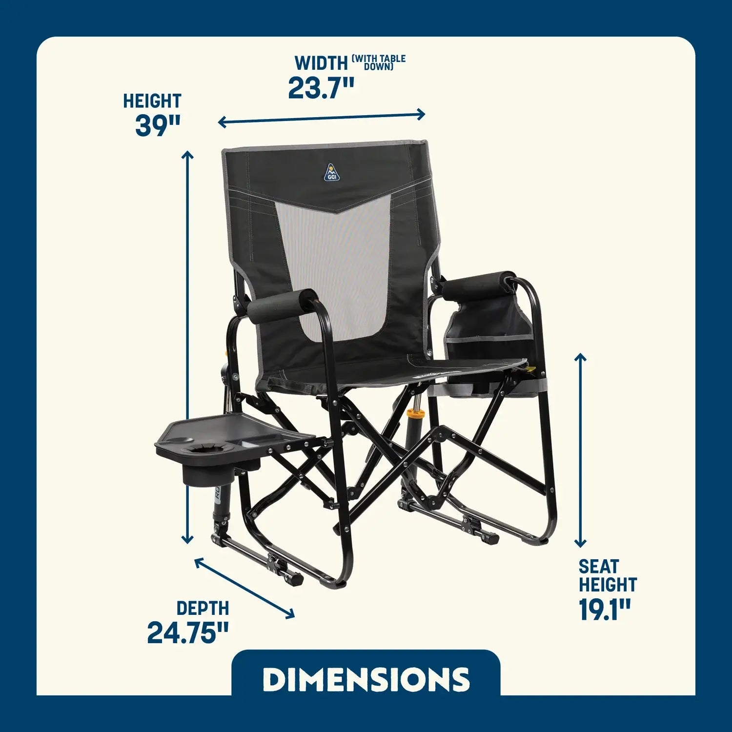 Dark Charcoal Stowaway Rocker with Side Table shown open, with seat height, width, depth, and total height labeled.