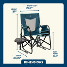 Teal Stowaway Rocker with Side Table shown open, with seat height, width, depth, and total height labeled.