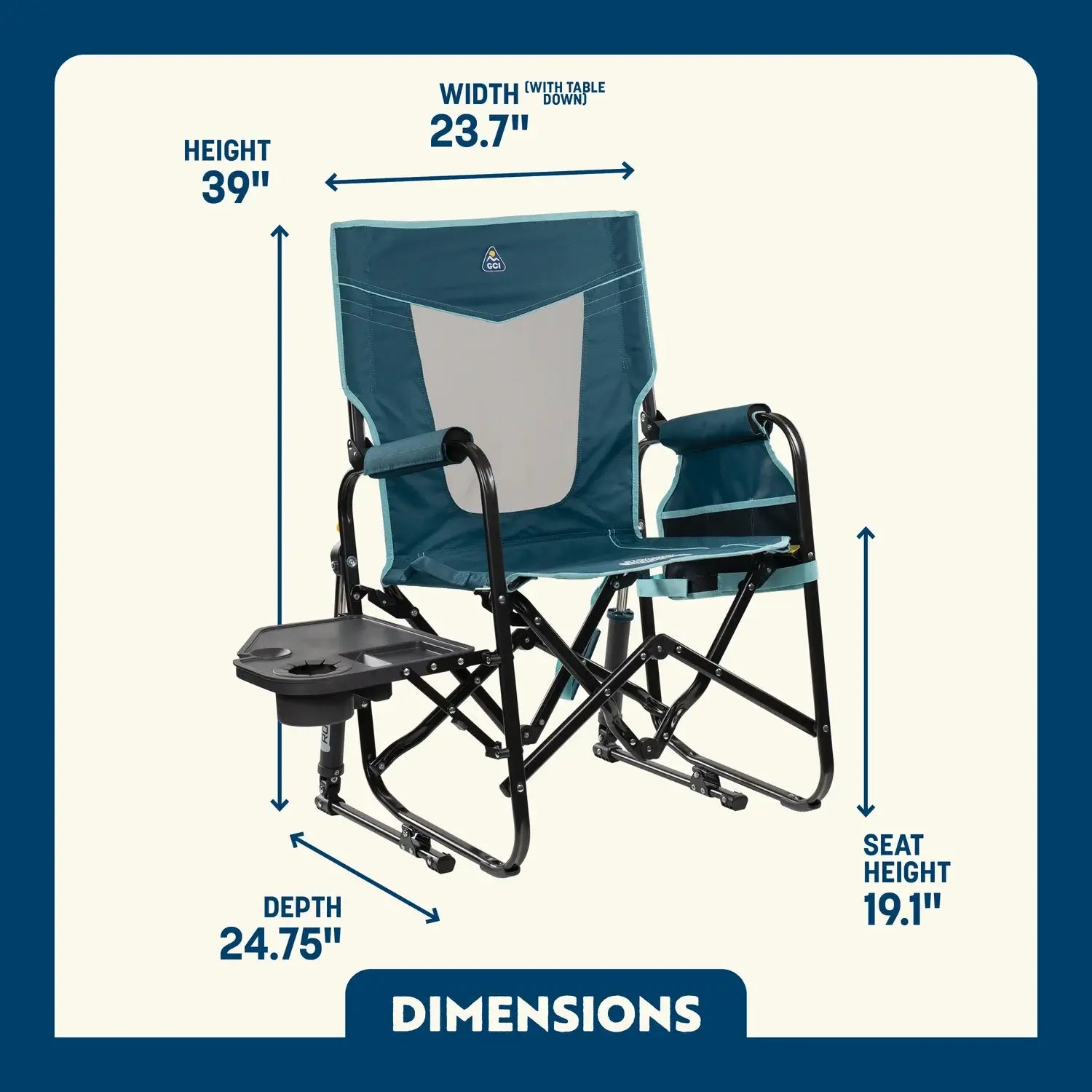 Teal Stowaway Rocker with Side Table shown open, with seat height, width, depth, and total height labeled.