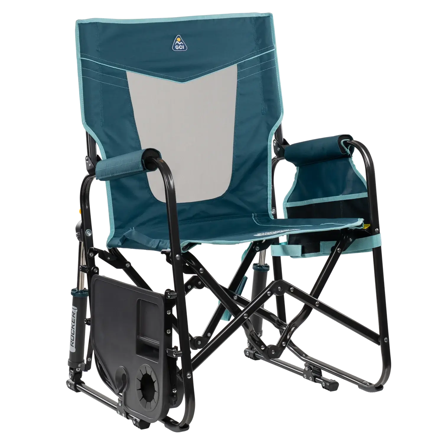 Stowaway Rocker with Side Table, Teal, Front Right, Side Table Down